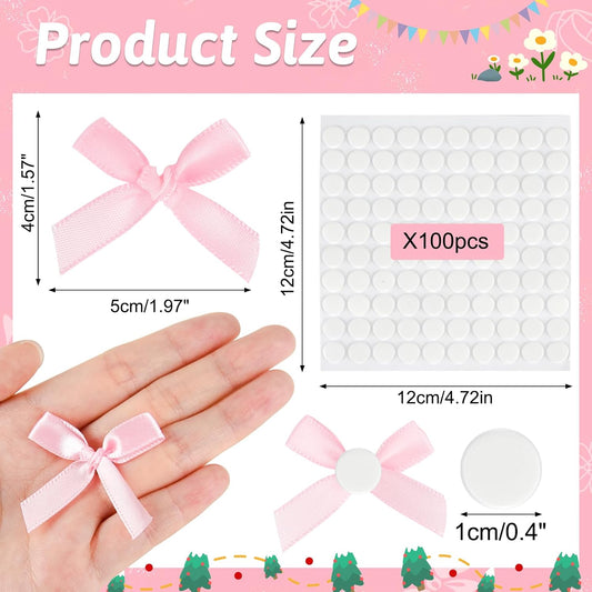NEBURORA 100 Pcs Mini Pink Bows Small Satin Fabric Ribbons Bow with Dot Stickers for Gift Wrapping Cake Card DIY Crafts Wedding Party Decorations