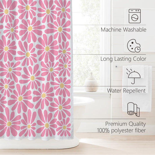 SHIYUE Pink Flower Shower Curtain, Cute Boho Floral Bathroom Decor, 180GSM Heavy Duty Waterproof Washable Fabric, with 12 Hooks 72x72 Inches