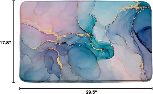 Teal Pink Marble Bath Mat Modern Abstract Blue Marble Texture Gold Stripes Elegant Bathroom Decor Rug Doormat Toilet Floor Rug,17.8x29.5 Inch