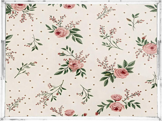 Vintage Floral Pink Serving Tray 12" x 16" Acrylic Trays with Handles Decorative Serving Platter for Coffee, Breakfast in Bed, Dinner, Appetizers, Patio, Party