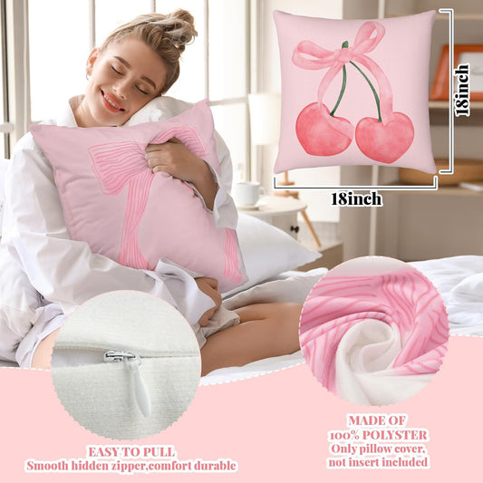 Mixweer 4 Pcs 18 x 18'' Coquette Pillow Covers Pink Bow Pillow Covers Watercolor Aesthetic Room Decoration for Bedroom Livingroom Bedroom Decor