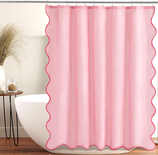ORTIGIA Pink Scalloped Shower Curtain, Cute Pink Ruffle Shower Curtains Boho Pretty Aesthetic Preppy Waterproof Fabric Girls Bath Bathroom Decor with Metal Hook 72 W x 72 H Inch
