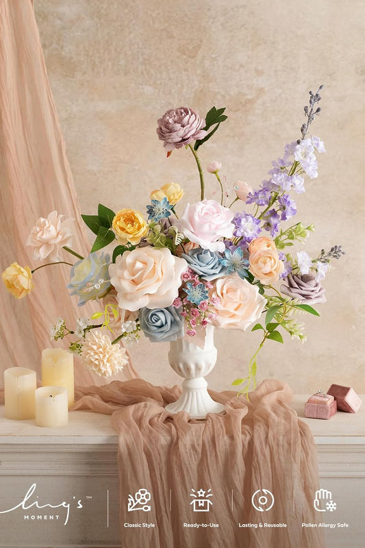 Ling's moment Fake Flowers Box, Faux Artificial Greenery Stems Foam Roses Gardenia Silk Ranunculus Fabic Flower for Centerpieces Bouquet Wedding Vase Decorations, Powder Blue & Peach, Deluxe Combo