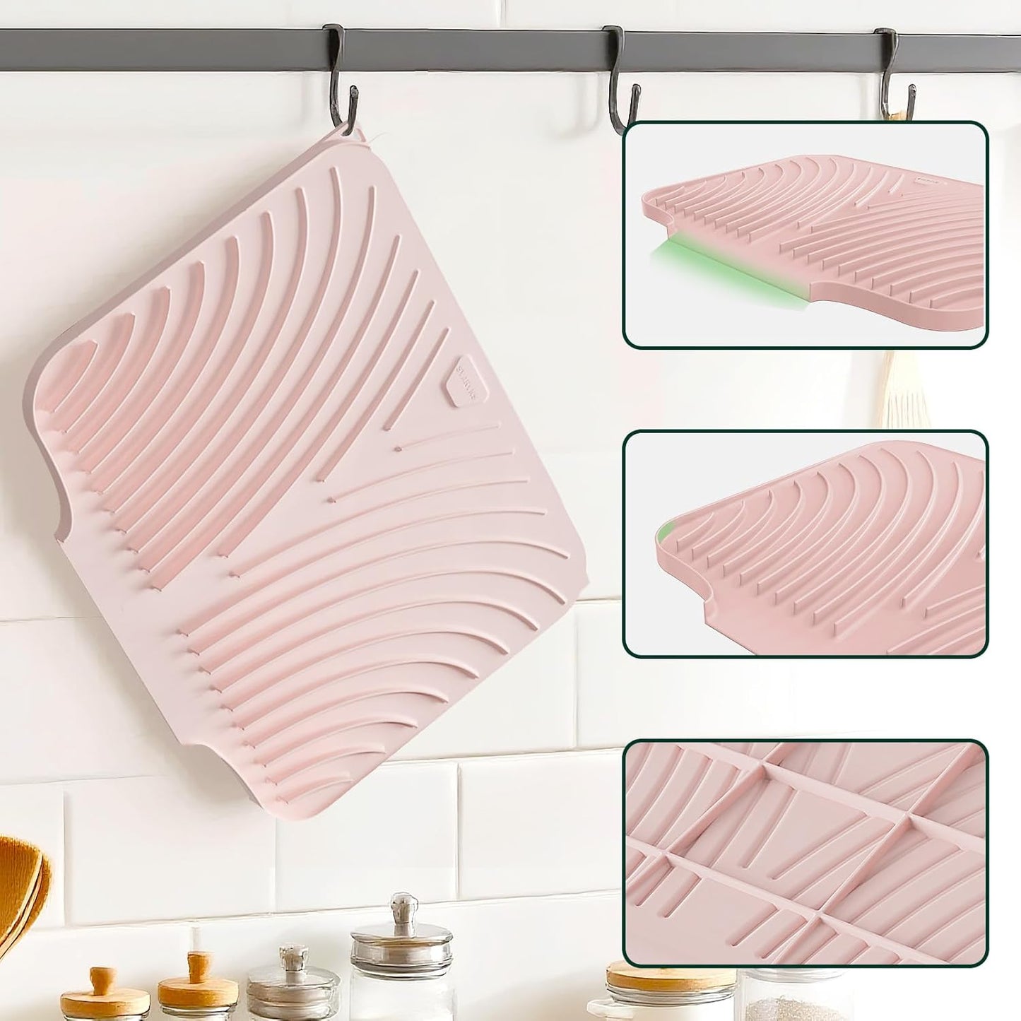Silicone Dish Drying Mat for Kitchen Counter, Sloped Dish Drainer Mat with Drainage Ridges Grooves, Reliable Support, Non-Slip, Portable, Pink, 14.6" x 11.8"