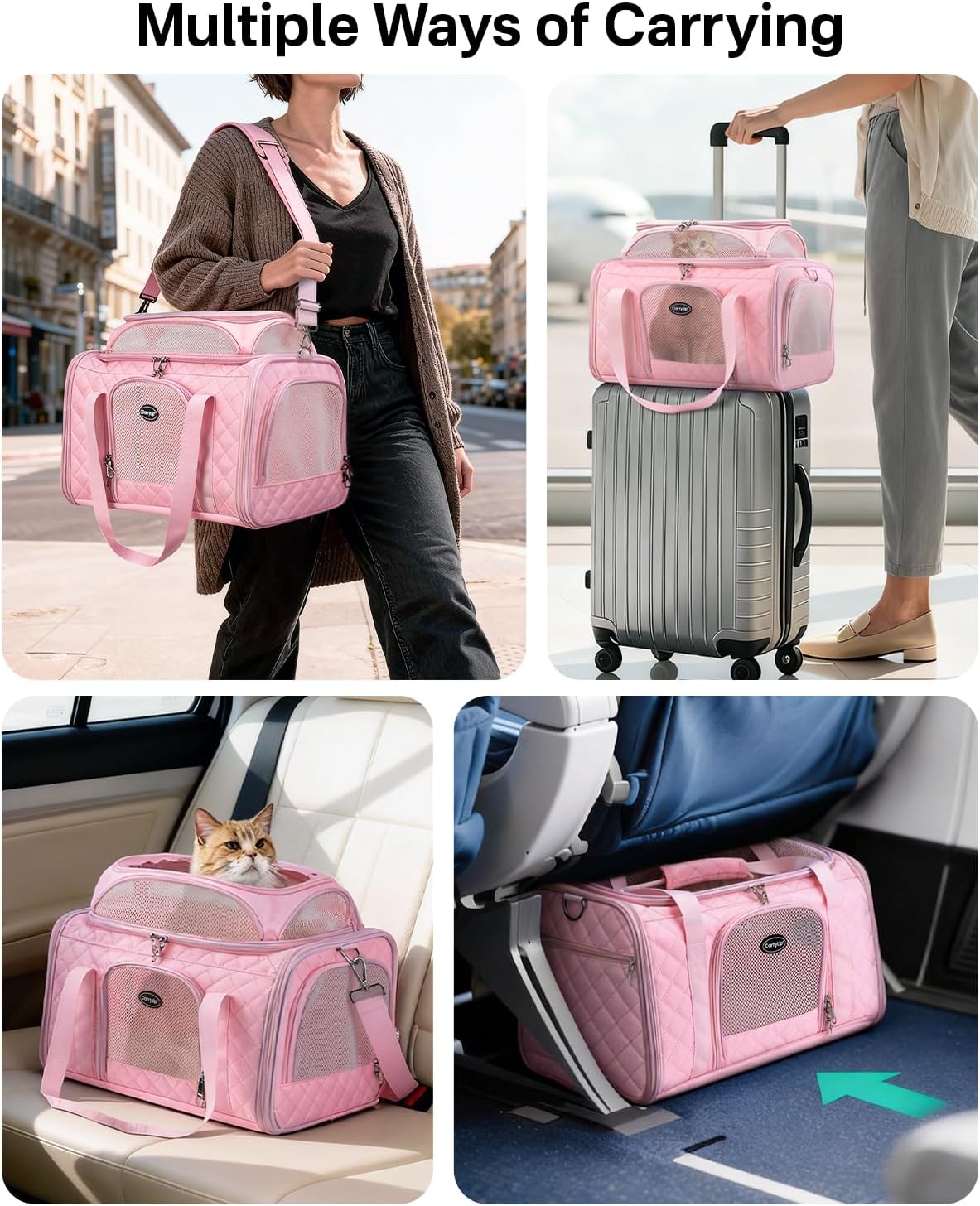 Cat Carrier Airline Approved 17x11x9.5 Inches, Top Expandable Soft Sided Pet Travel Carrier for Cats & Small Dogs, Fits Under Airline Seat with Locking Zippers, Pink