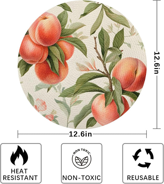 Peach Pattern Table Mats Set of 4 Circle 12.6" Reusable Round Dish Mats for Wedding Circular Placemats for Kitchen Holiday Braided Place Mats Home Party Dining Decor Protected Table