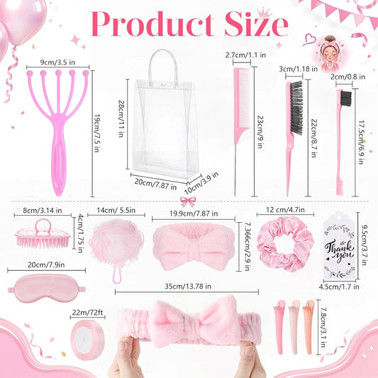 Duraaamo 85 pcs / 6 Set Pink Spa Party Favor for Sleepover Girls Gift with Massage Comb, Hair Claw, Eye Mask, Headband, Makeup Bag for Women Girls Birthday Bridesmaid Bachelorette Party