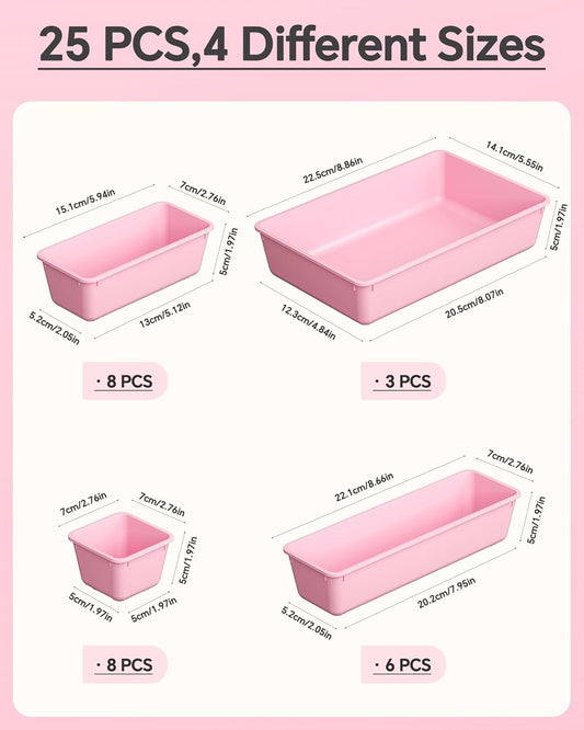 KEMETHY 25 PCS Plastic Drawer Organizers Set, 4 Sizes Vanity Organizer, Makeup and Desk Drawer Organizer Trays, Organization and Storage for Makeup, Bathroom, Kitchen Utensils and Office (Pink)