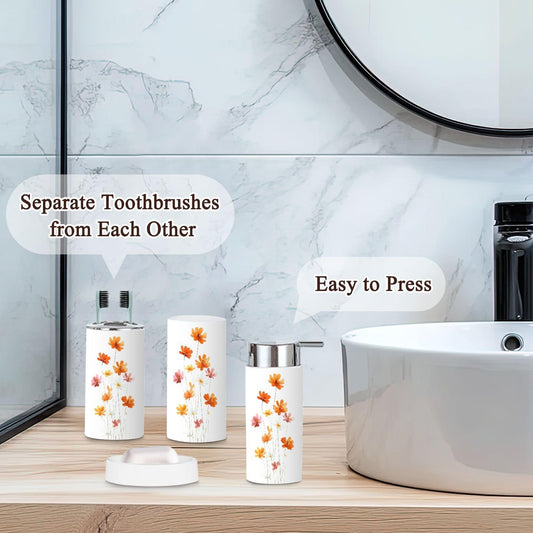 Pink Coastal Bathroom Accessories Set 6 piece Blush Sunset Watercolor Floral Wildflower Landscape Boho Plastic shatterproof Vanity Organization countertop Decor for Home, Apartment, Dorm