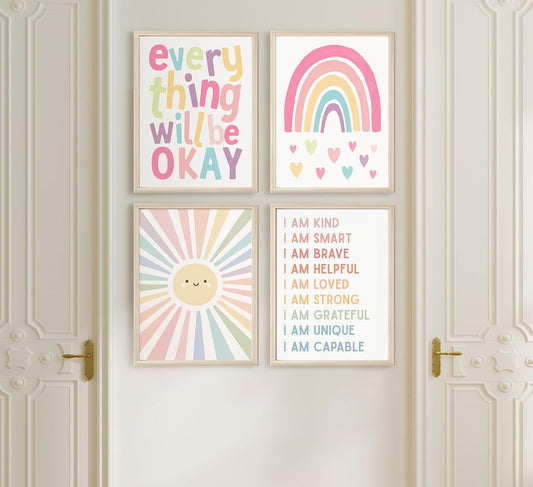 4Pcs Nursery Rainbow Canvas Wall Art pink Affirmations Girls Bedroom wall decor Kids Heart Picture Posters Colorful Boho Sun Nursery canvas painting Prints for Classroom School Nursery Decoration Unframed