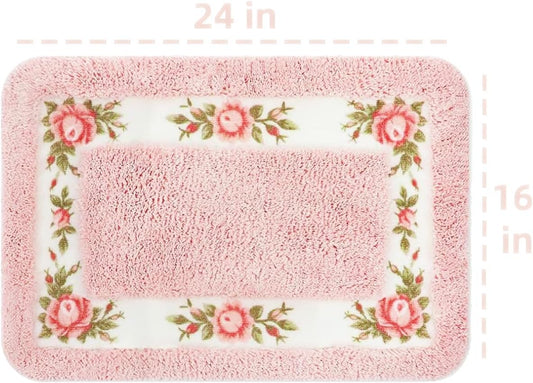 QMEAKMONY Bathroom Rugs Romantic Rose Flower Bath Rugs - Soft, Absorbent, Non-Slip,Entrance Mat(Pink,16x24 in)