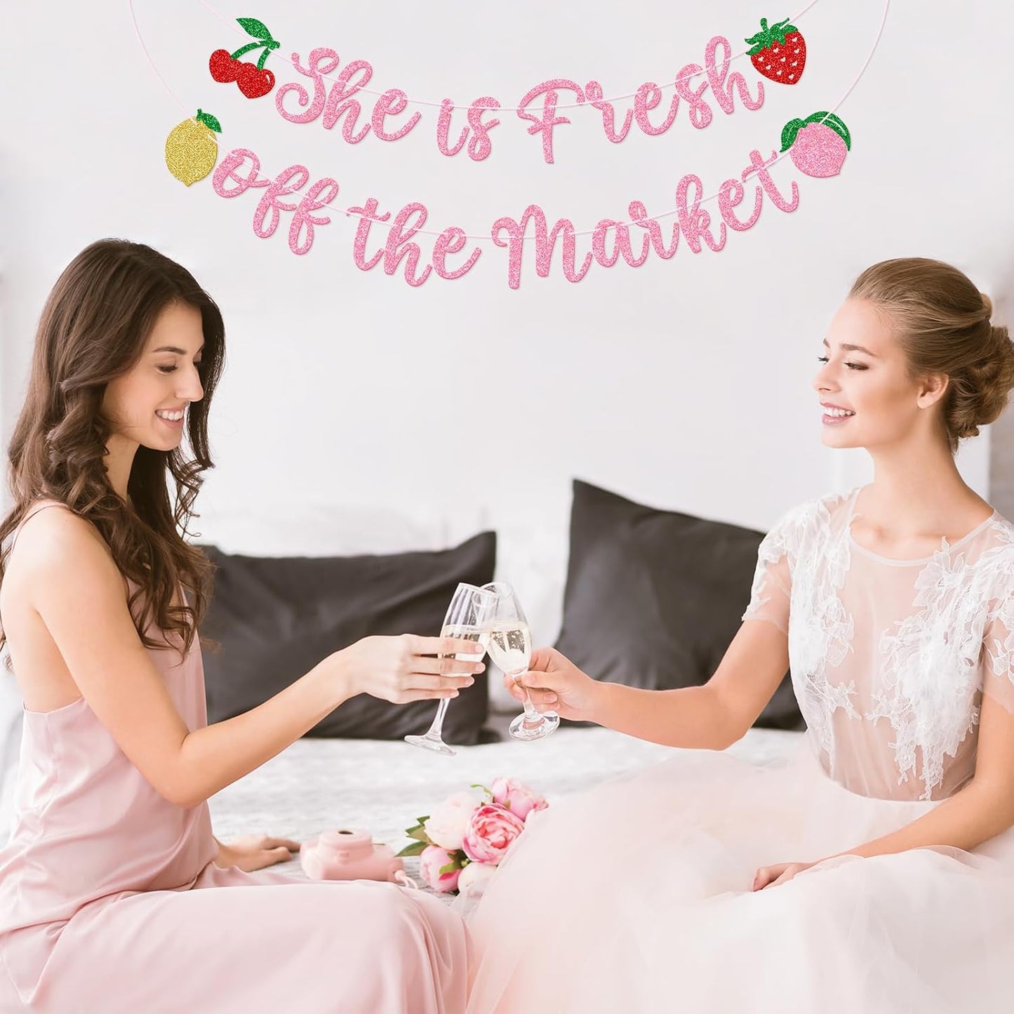 GXSOVSO She is Fresh off the Market Banner, Fruit Bridal Shower Banner, Market Farmers Bachelorette Party Decorations, Engagement Party Decorations (Pink)