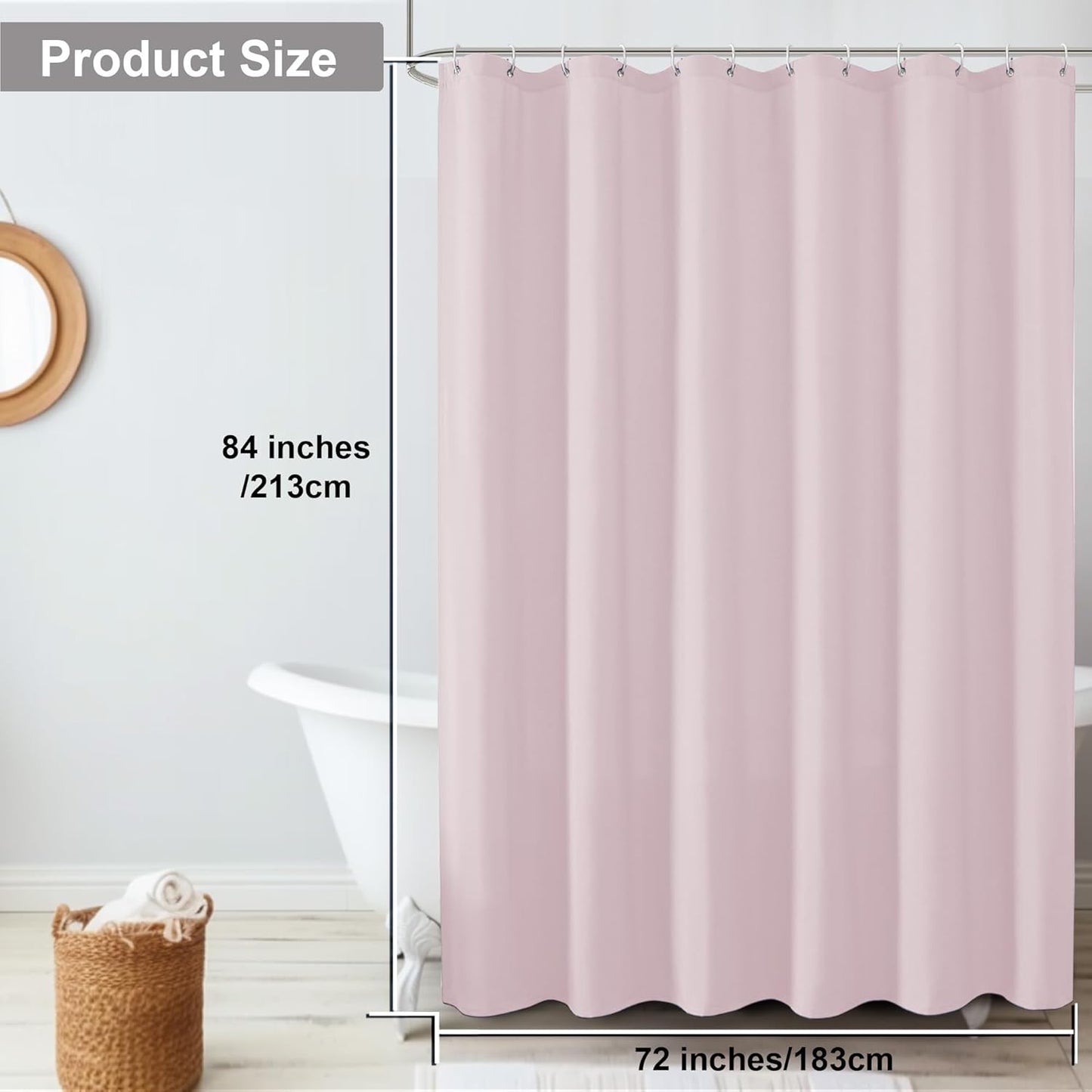 OVZME Zora 84 Inch Shower Curtain Set with 12 Plastic Hooks, Plain Fabric Shower Curtain for Bathroom - Extra Long Shower Curtain, Water Resistance, Machine Washable Soft Cloth, 72WX84L, Blush Pink