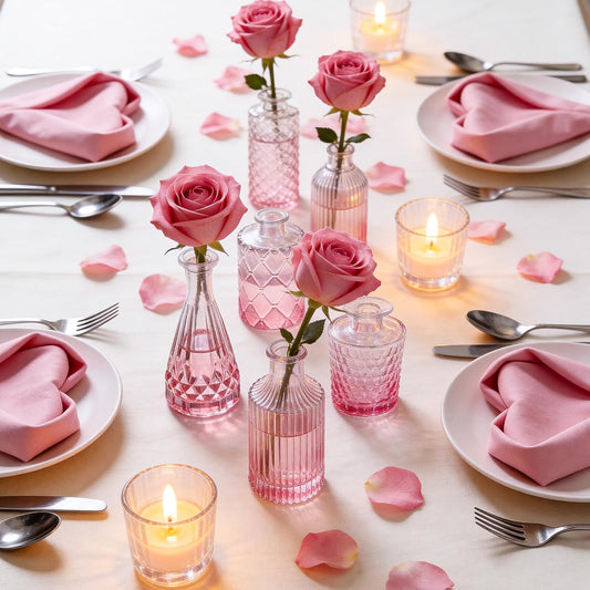 UPBUD Glass Pink Bud Vases Set of 12, Mini Flower Valentine Vase for Centerpieces, Small Vases in Bulk for Wedding Decorations, Vintage Vase for Table, Home Décor