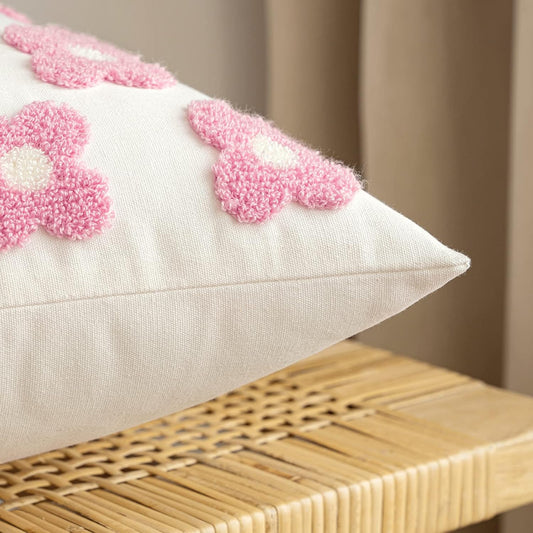 EMEMA Decorative Throw Pillow Covers Daisy Sun Flower Jacquard Pillowcase Cushion Case Square for Couch Sofa Bed Living Room Bedroom Set of 2, 18x18 Inch, Pink and White