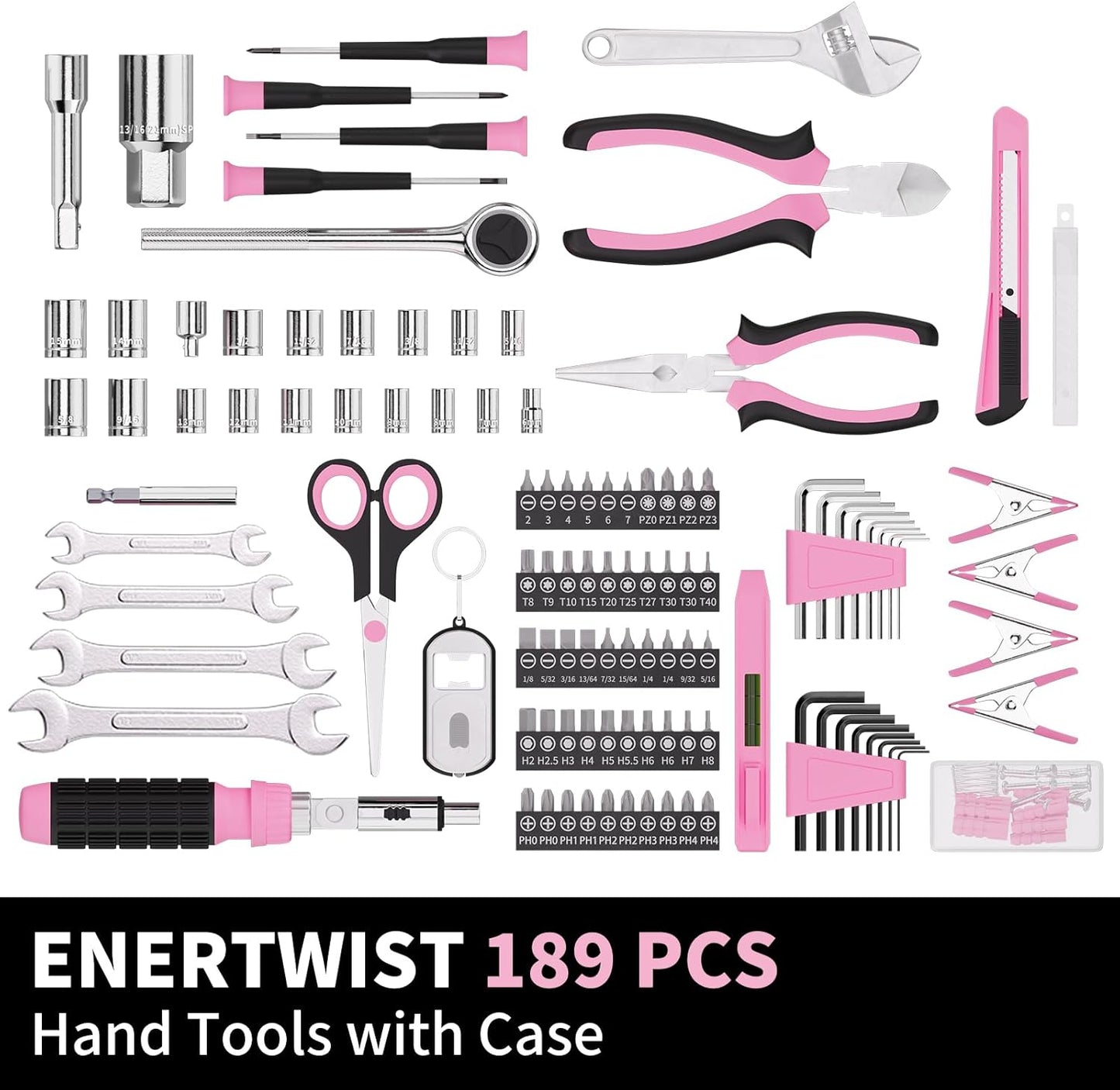 ENERTWIST Pink Tool Kit for Women, 189-Piece Premium Household Hand Tool Set with Lightweight Portable Box, Perfect for Home DIY Repair, Furniture Assembly, Ideal Gift for Women & Housewarming