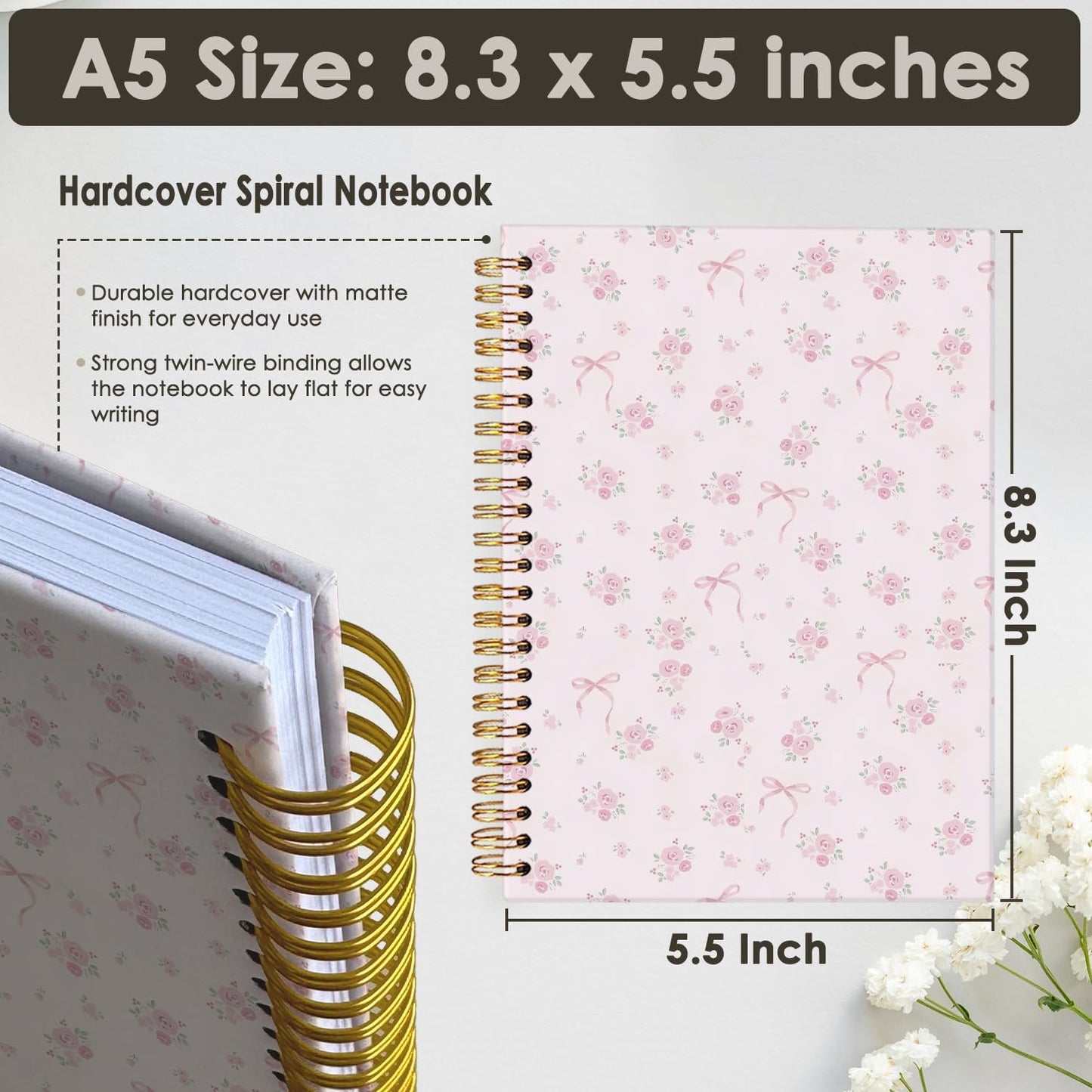Wheatwin Pink Coquette Cute Notebook Journal for Women, Aesthetic Notebook for Teen Girls, Floral Pink Bow Spiral Notebook Journals for Women Work 5.5x8.3