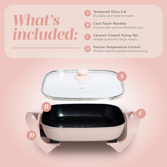 COOK WITH COLOR Electric Skillet - 12" x 12" Ceramic Nonstick Pan, PFAS-Free, 1400W, Tempered Glass Lid, Variable Temperature, Removable Heating Probe, Cool-Touch Handles, Blush