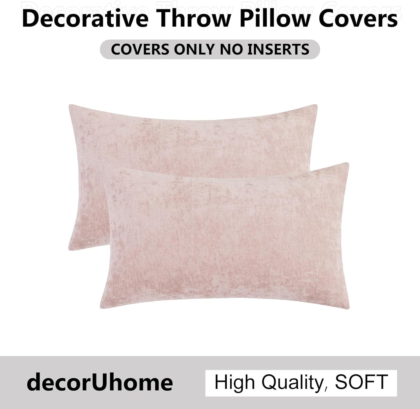 decorUhome Chenille Blush Pink Summer Throw Pillow Covers 12x20 Inch Set of 2, Decorative Soft Couch Pillow Covers Solid Dyed Accent Farmhouse Neutral Rectangle Pillow Cases for Sofa