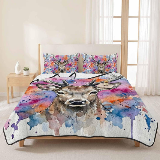 Quilts Twin XL Size Bedding Set, Elk Lightweight Quilted Comforter, Pink Purple Blue Watercolor Splashes Splatter Animal Soft Reversible Bedspread Coverlet with Pillow Covers for All Season, 68" x 98"