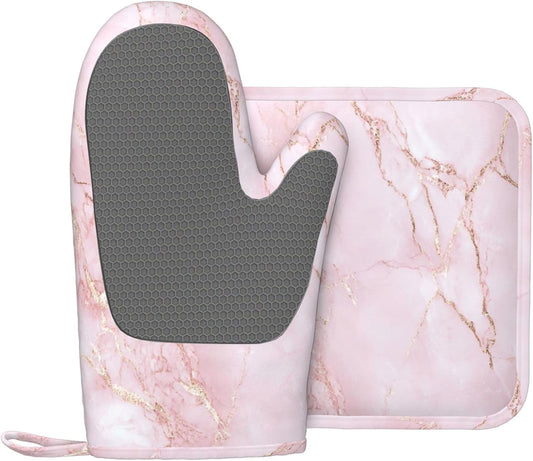 Oven Mitts and Pot Holders Light Pink Marble Art Silicone Kitchen Accessories Set of 2 Heat Resistant Long Gloves Potholder Non-Slip Grip for Chef Cooking,Baking,Grilling,BBQ