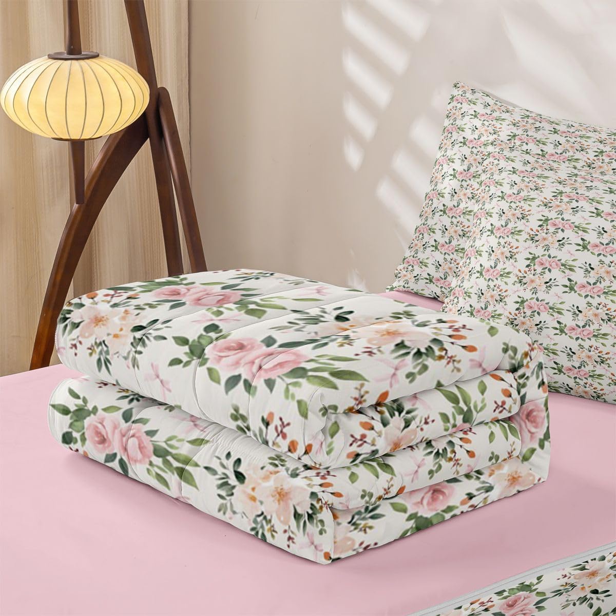 Erosebridal Flower Zipper Bedding Set Twin Rose Zip Up Comforter Set with Sheets Peach Blossom Kawaii Ribbon Bow Bed in a Bag Princess Girly Leaves Floral Theme Bed Sets with 2 Pillowcases