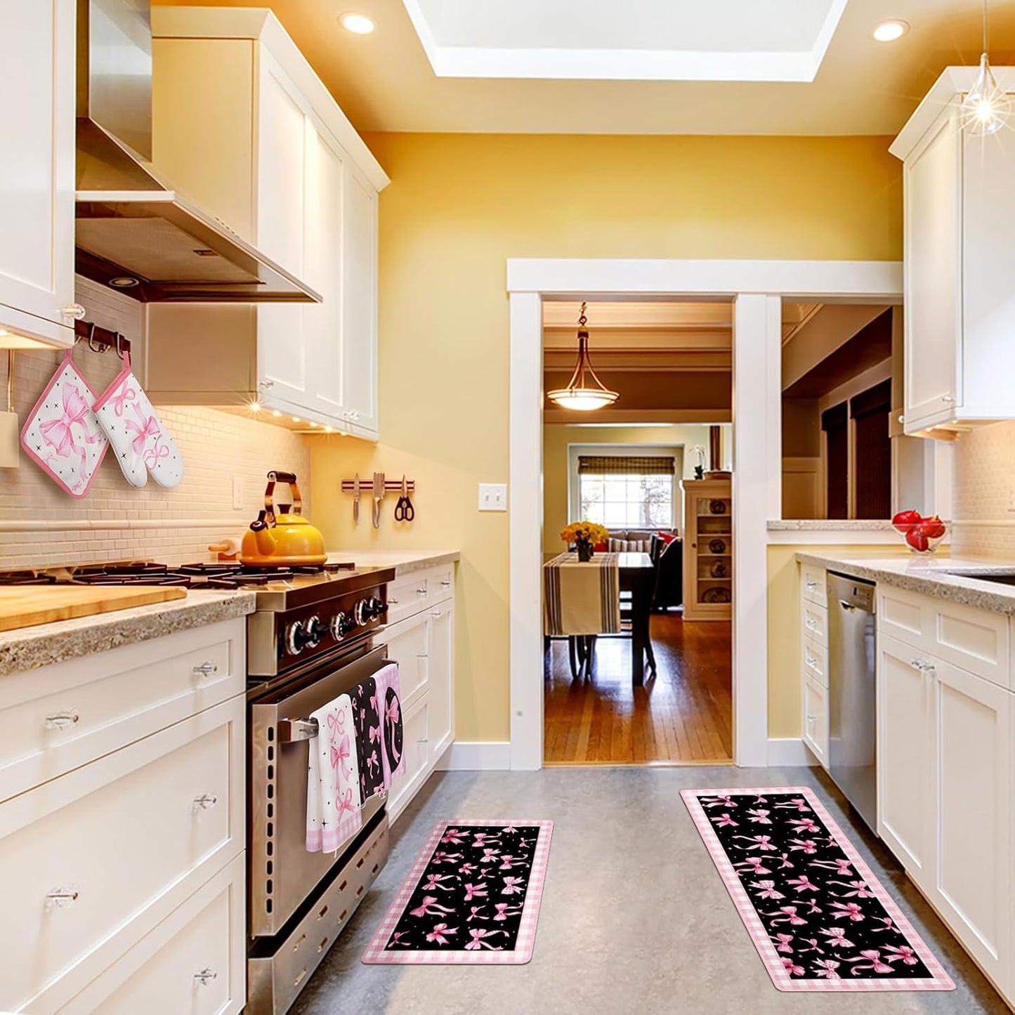 Fourluoo 10 Pcs Pink Bow Kitchen Decor Sets 4 Pink Plaid Kitchen Dish Towels 2 Pot Holders 2 Oven Mitts Glove 2 Cute Non Slip Rugs and Mats for Floor Home Decorations Accessories Mom Gifts