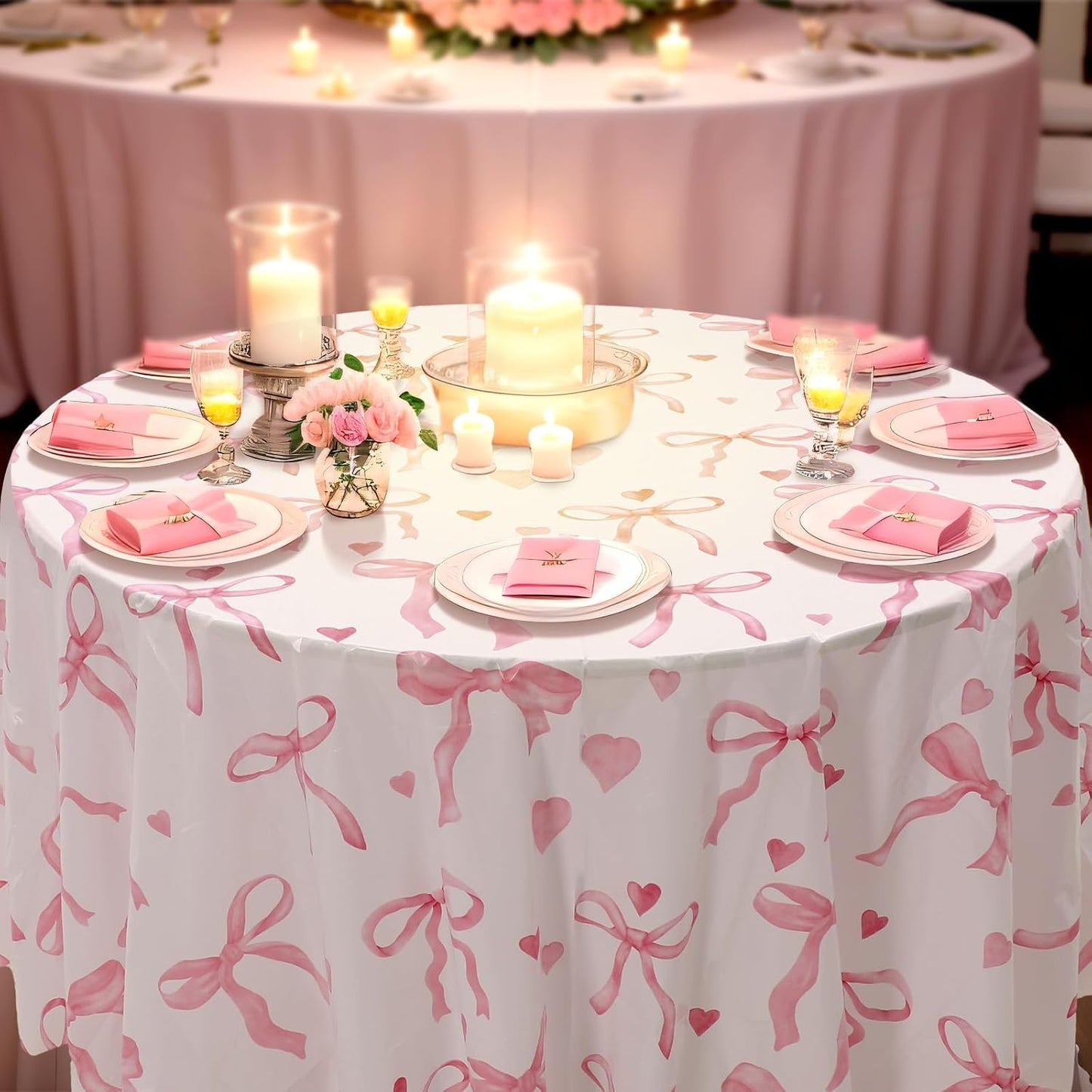 Ganeen 6 Pcs Pink Bow Tablecloths 84 Inch Plastic Round Table Covers Waterproof Coquette Birthday Party Decorations Pink Bow Favors Table Covers for Women Bridal Baby Shower Bachelorette Party Decor