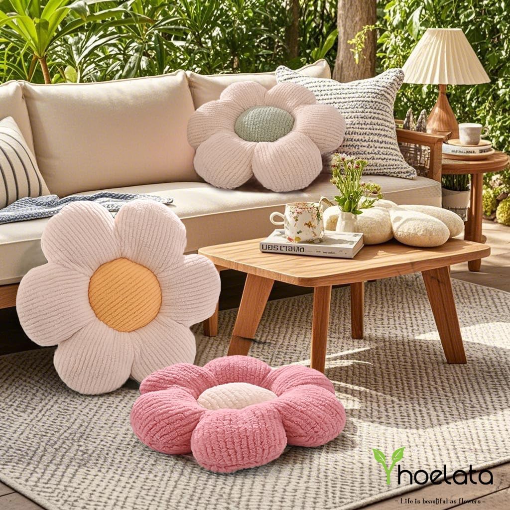 Flower Pillows, Cute Daisy Shaped Throw Pillow, Small Cream Pink Floor Cushions for Gifts, Kids Decorative Pillows for Living Room Sofa Bedroom Bed, 15.7x15.7 Inch