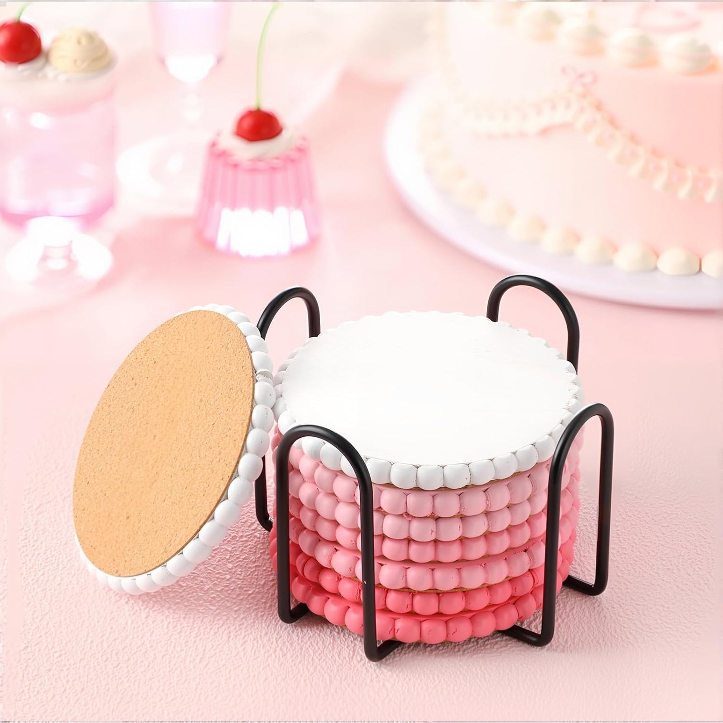 Chengu 8 Pcs Pink Wooden Bead Coasters with Metal Holder Cute Pink Coquette Coasters Desk Decorations Absorbent Rustic Farmhouse Decorative Wooden Cup Mat for Bar Kitchen Housewarming Gifts