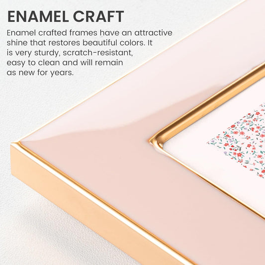 Venusmiles 5x7 Enamel Picture Frame, Gold Metal Edge with Easel, Real Glass Photo Frame for Wall and Tabletop Display Family Office Photo Gallery, Pink Enamel/1pc