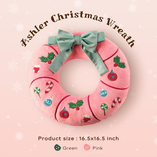 Ashler Christmas Wreath Pillow - Xmas Wreath Shaped Throw Pillow with 3D Bow, Soft Short Plush & Embroidery Patterns, Pink Decorative Cushion for Bedroom Sofa Party Decor, 16.5x16.5IN