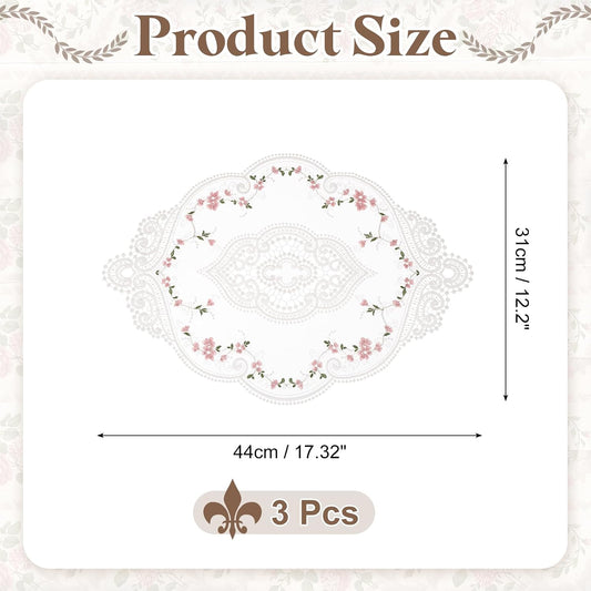 uxcell 3 Pcs Lace Placemats, 12x17-in Vintage Table Doilies Oval Embroidered Crochet Lace Dolly Cup Mat for Table Vase Home Decor, White + Pink
