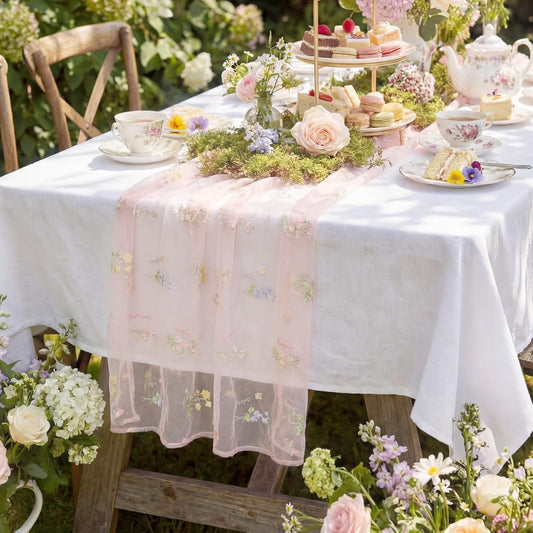 Remagr 9.8 ft Pink Flower Tulle Table Runner Embroidery Seasonal Table Decorations Tulle Fabric for Home Indoor Decor, Bridal Shower Wedding, Baby Shower Parties, Holiday DIY Craft Kitchen Decor