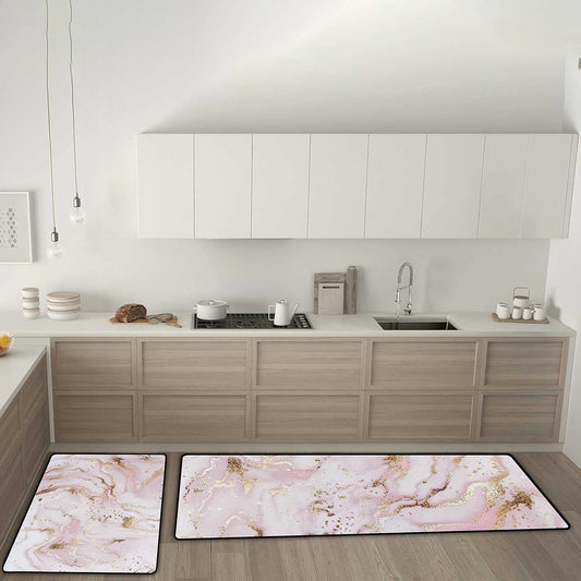 Kitchen Rugs Kitchen Mats for Floor 2 Pieces Liquid Marble Painting Gold Pink Kitchen Mat Set Non Slip Soft Absorbent Coral Velvet Washable Kitchen Rug Set 17.7×29.1Inch + 17.7×58.2Inch