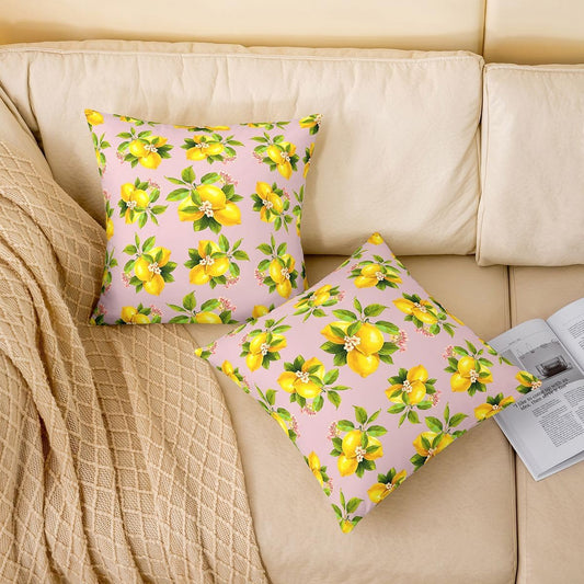 Manfei Lemon Throw Pillow Covers 16"x16" Set of 4 Botanical Lemon Cushion Cover for Couch Sofa Tropical Fruit Decorative Pillowcases Baby Pink Yellow Soft Pillows Covers