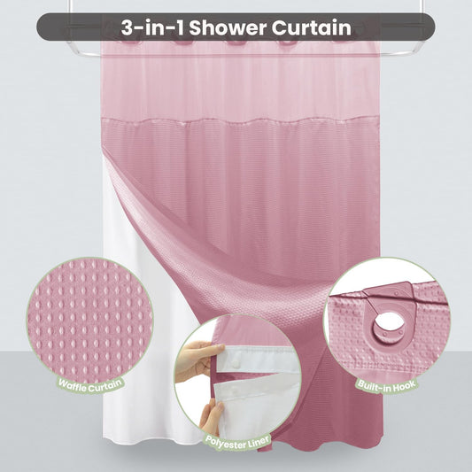 Inhousolu No Hook Shower Curtain with Snap-in Fabric Liner, Waffle Weave 230 GSM Polyester, Weighted Hem, Water Repellent Washable, Mesh Top Window 72" W x 72" L Pink