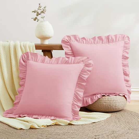 2 Pack Ruffle Throw Pillow Covers 20x20 Inches, Light Pink Square Pillow Cases Microfiber Decorative Pillow Shams for Sofa Couch Bedroom Living Room