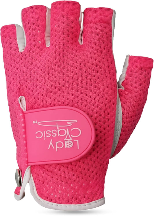 Mesh Half Golf Glove for Women – Premium Cabretta Leather Palm, Breathable Mesh Back, Half-Finger Design Ladies Golf Glove for Enhanced Grip & Comfort