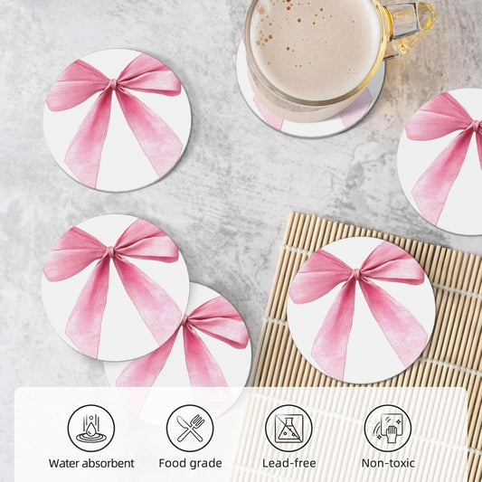 Watercolor Light Pink Coquette Bow Ceramic Coasters with Holder Set of 6 Coffee Cup Drink Coasters