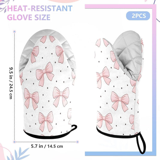 Bows Light Pink Non-Slip Oven Mitts Set Heat Resistant Kitchen Gloves with Quilted Liner Cotton Machine Washable with Hanging Loop for Baking Grilling BBQ