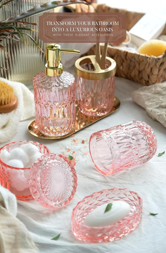 EMPO 6PCS Bathroom Clear Glass Accessories Set (Lotion Soap Dispenser, Soap Dish, Toothbrush Holder, Tumbler, Cotton Swab Jar), Contemporary Modern Decor Crystal Vintage Gift (6pcs Light Pink)