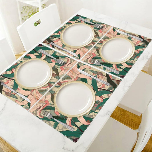 Placemats Set of 4 Heat Resistant Table Placemats Set Washable Easy Clean Placemat Durable Non-Slip Dining Table Mats Set Peach Floral Pattern Kitchen Place Mats for Dining Indoor Outdoor