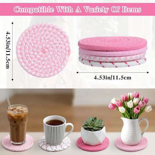 Cute Drink Coasters for Desk,Pink Woven Fabric Coasters,Absorbent Coaster for Drinks,Living Room,Table Home Table Home Decor Gift - 4.5 Inch