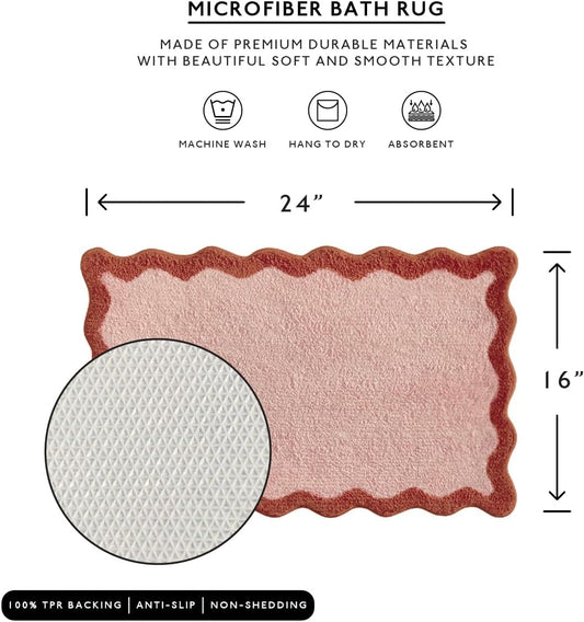 MONDAY MOOSE Bath Mat with Scalloped Wavy Ripple Design, Microfiber Absorbent Non Slip Tufted Rug for Floor, Shower or Kitchen (16x24 inch, Blush)