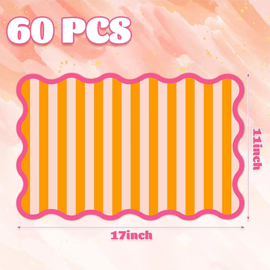 JarThenaAMCS 60 Pcs Stripe Scalloped Paper Placemats Table Mats 11 x 17 Inch Orange Pink Striped Disposable Decorative Rectangle Place Mats for Wedding Birthday Baby Shower Party Dining Table Decor