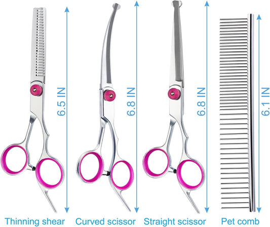 5 in 1 Premium Dog Grooming Scissors, Professional Dog Scissors for Grooming with Safety Round Tips, Lengnoyp Stainless Steel Thinning Shears, Pet Cat Shears for Grooming Kit, Pink
