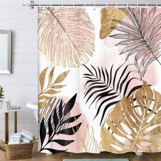 Torich Mid Century Abstract Shower Curtain for Bathroom, Pink Palm Leaves Botanica Abstract Modern Decor Bath Curtains, Gold Geometric Minimalist 47Wx64H Inches Bath Accessories with 12 Hooks