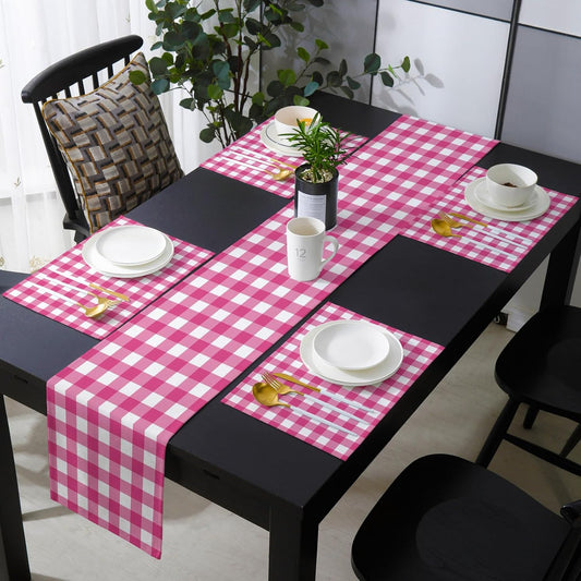 Peach Pink Checked Table Runner with Placemats Set of 4, Cotton Linen Kitchen Dining Mats Long Tablerunner, Farmhouse Buffalo Plaid Country Grid Table Mats Set for Living Room/Dresser/Dining 13"x70"