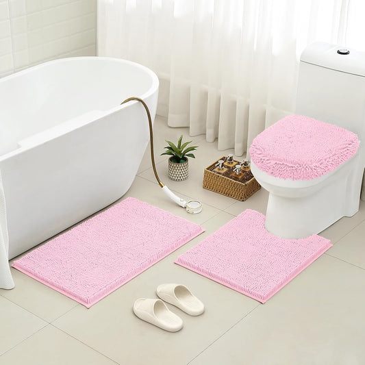 HOMEIDEAS 3 Pieces Light Pink Bathroom Rugs Set, Ultra Soft Non Slip Bath Rug and Absorbent Chenille Bath Mat, Includes U-Shaped Contour Rug, Bath Mat and Toilet Lid Cover, Perfect for Bathroom, Tub